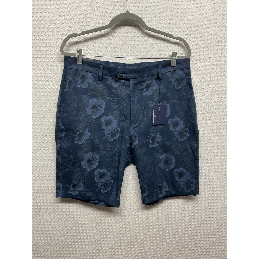 NWT Joseph Abboud Modern Fit Linen Blend Blue Floral Flat Front Shorts Size 34